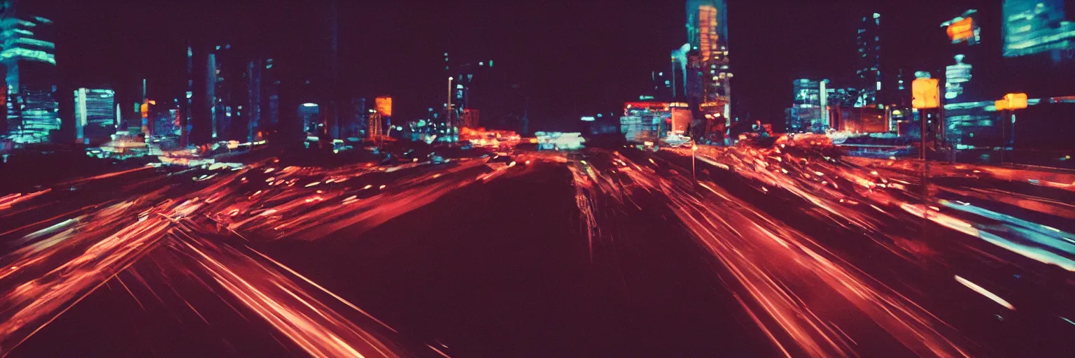 Image similar to 8 0 s neon movie still, high speed blurred traffic by the river with city in background, medium format color photography, movie directed by kar wai wong, hyperrealistic, photorealistic, high definition, highly detailed, tehnicolor, anamorphic lens