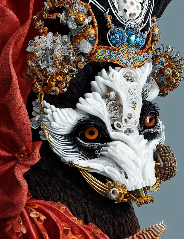 Prompt: goddess macro close - up portrait with crown and mask made of ram skull. beautiful intricately detailed japanese crow kitsune mask and clasical japanese kimono. betta fish, jellyfish phoenix, bioluminiscent, plasma, ice, water, wind, creature, artwork by tooth wu and wlop and beeple and greg rutkowski