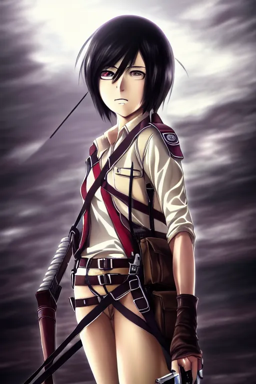 Prompt: highly detailed portrait of mikasa ackerman from attack on titan, sensual, art by hews hack, art by hews, photorealistic, detailed and intricate environment, trending on pixiv, twitter