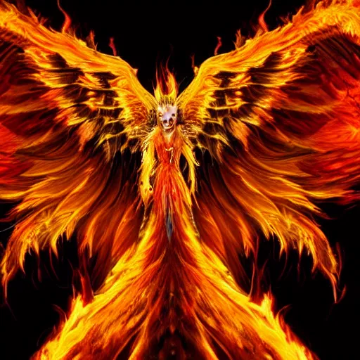 Prompt: hyperdetailed image of a phoenix with its full body flaming and wings spread 8 k extremely detailed hd hyperrealism fiery extremely accurate unbelievably creepy movie studio style