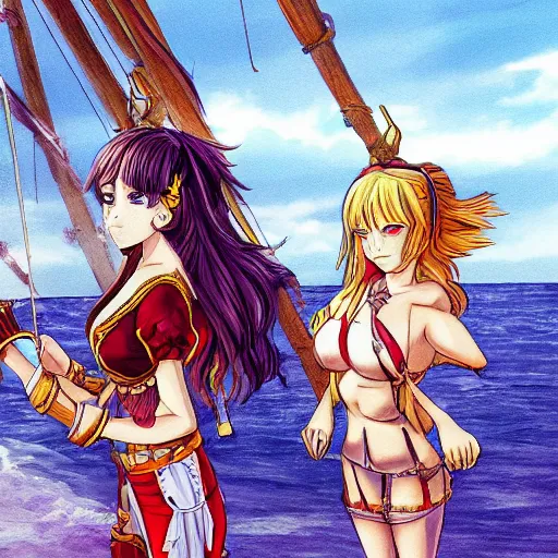 Image similar to two beautiful female pirate captains in a stand off from their boats, detailed anime art