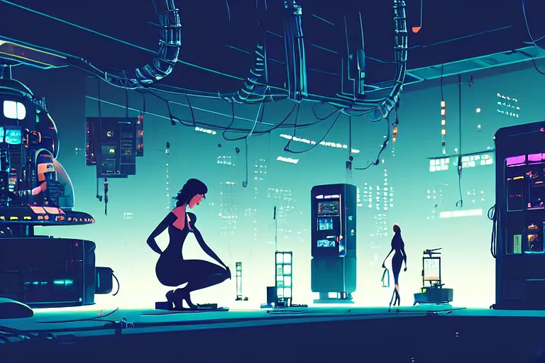 Prompt: closeup of sexy girl working in a vast robot repair shop, a broken android is laying on the ground, computer screens, dark cables hanging from ceiling , sci-fi vending machine, illustration by pascal campion, ghibli style, dynamic lighting, glowing lights, neons, science fiction, 2077, cyberpunk