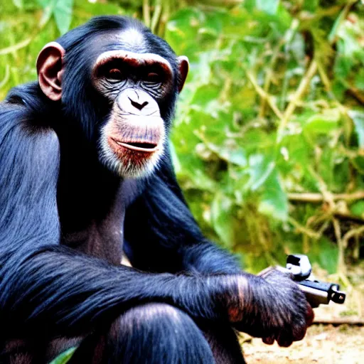 Prompt: a chimpanzee holding a pistol