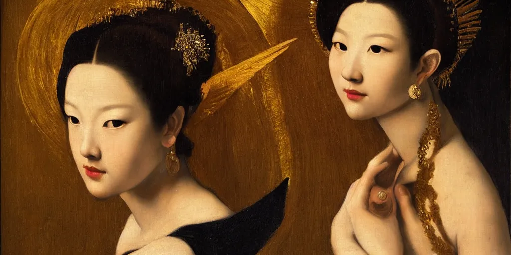 Prompt: a portrait of a very beautiful goddess with halo behind her head, seductively looking in front, Asian beautiful aesthetic face, in the style of Caravaggio and Vermeer, realistic, dramatic lighting