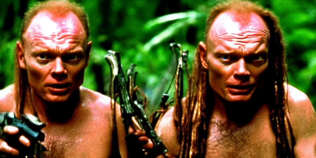 Image similar to a film still of Bill burr in Predator, high quality