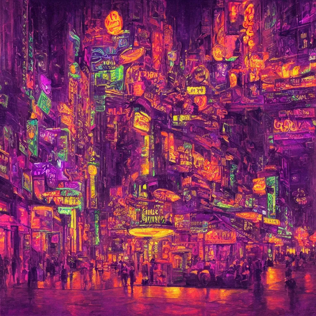 Prompt: a neon seedy city at night. in the style of delphin enjolras. purple color scheme. intricate. highly detailed.