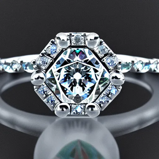 Image similar to photo of a engagement ring with three diamonds, two diamonds outside and one in the middle, photo realistic, hyper detailed, concept art, victorian, multiple angles