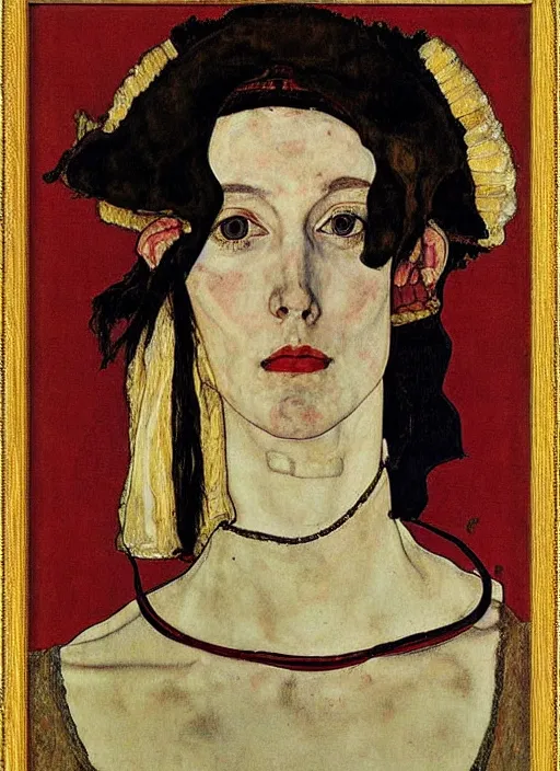 Image similar to portrait of young woman in renaissance dress and renaissance headdress, art by egon schiele