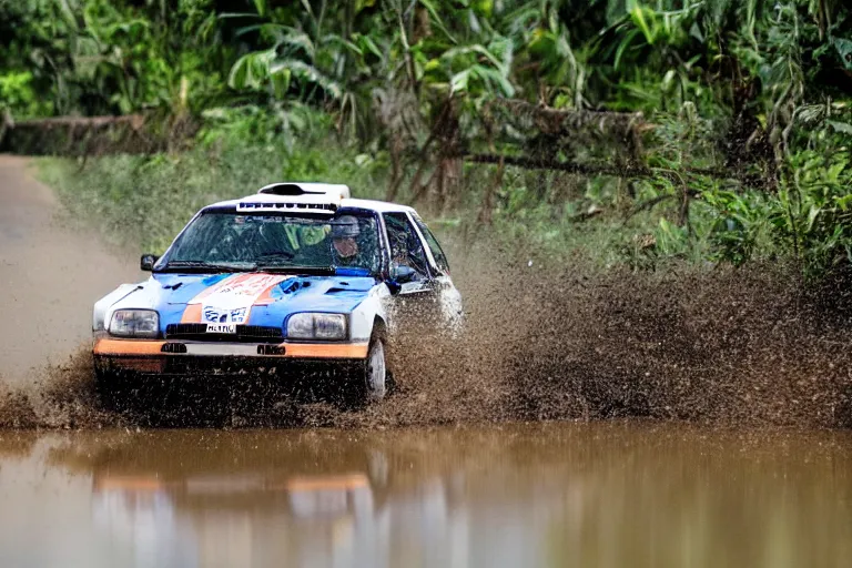 Image similar to a group B rally car driving around over a wooden bridge in the Cambodian swamps, high-speed sports photography