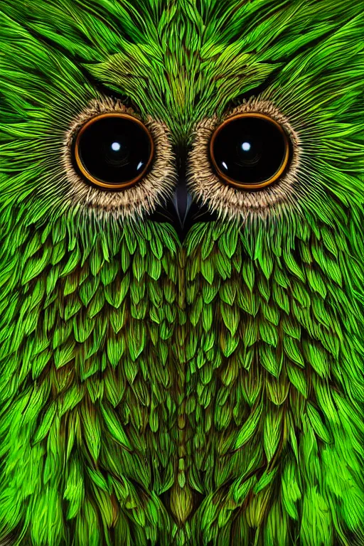 Image similar to a green moss owl, symmetrical, highly detailed, digital art, sharp focus, amber eyes, ferns, trending on art station