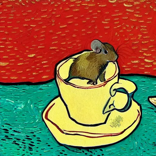 Prompt: Mouse with a cup of coffee in a bathtub in the style of Van Gogh