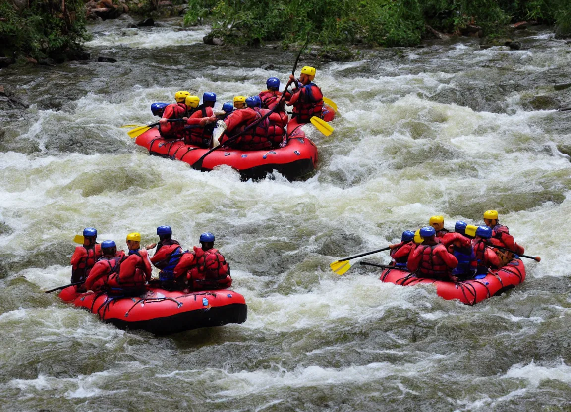 Prompt: river rafters going through class rapids by moebius, clean long lines, ultra detailed