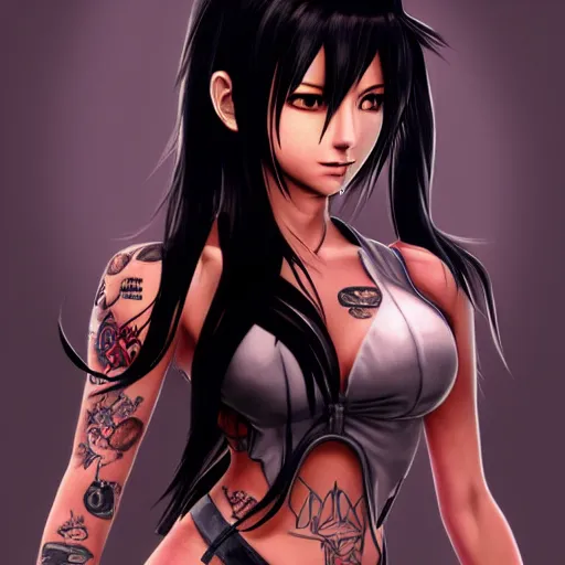 Image similar to detailed artwork of tifa lockhart with tattoos, featured on artstation