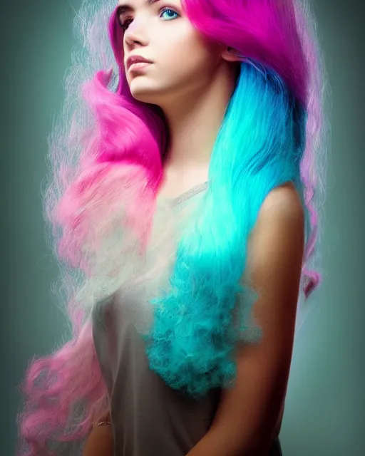 Prompt: a digital art of a dramatic lighting beautiful young woman with cotton candy hair. with a little bit of cyan and pink