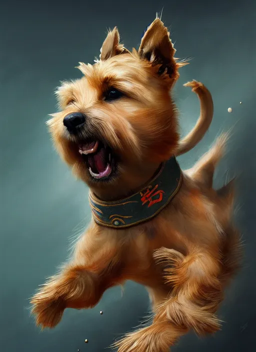 Image similar to norwich terrier as an kung fu master, backround dark, highly detailed, digital illustration, trending in artstation, modern painting, smooth, sharp focus, intricate, by peter mohrbacher
