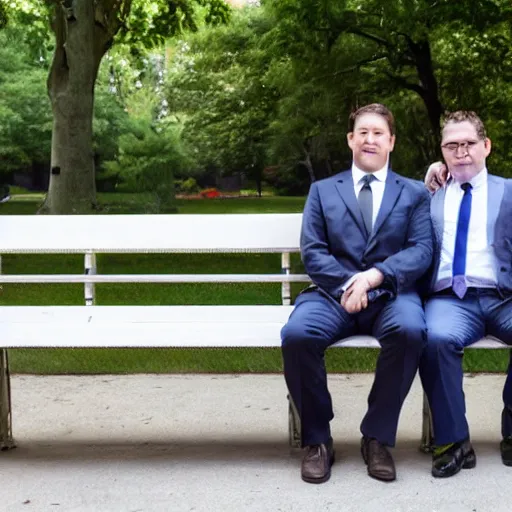 Image similar to two clean - shaven chubby white men in suits and neckties sitting on a park bench. each men are holding manila folders.