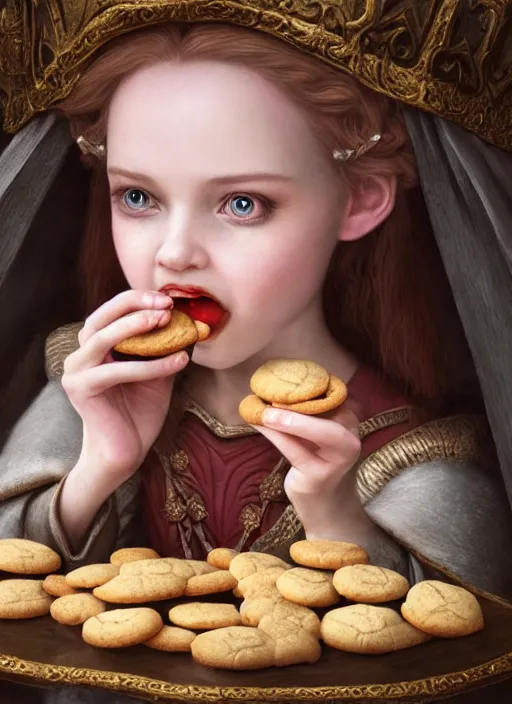 Prompt: highly detailed closeup portrait of a fairytale medieval princess eating cookies, unreal engine, nicoletta ceccoli, mark ryden, lostfish, earl norem, global illumination, god rays, detailed and intricate environment