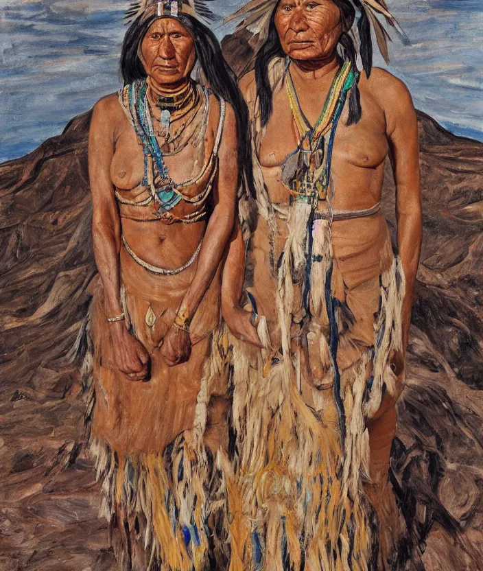 Image similar to full body shot picture of indigenous people woman leader in desert, painted by lucian freud, hd, super detailed, realistic, muted colors