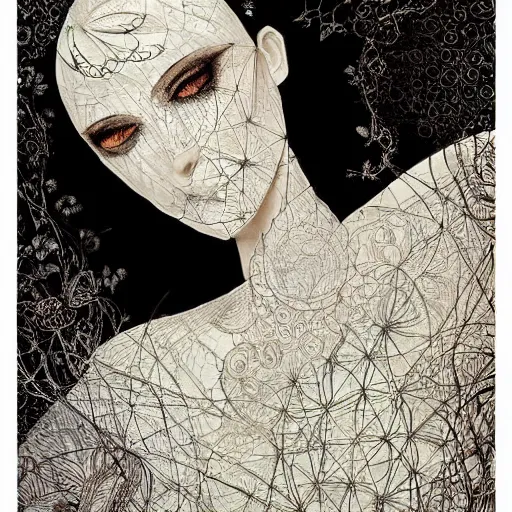 Image similar to looking at the full moon, transparent soul leaving the body, filigree, lace, art by loish, dave mckean