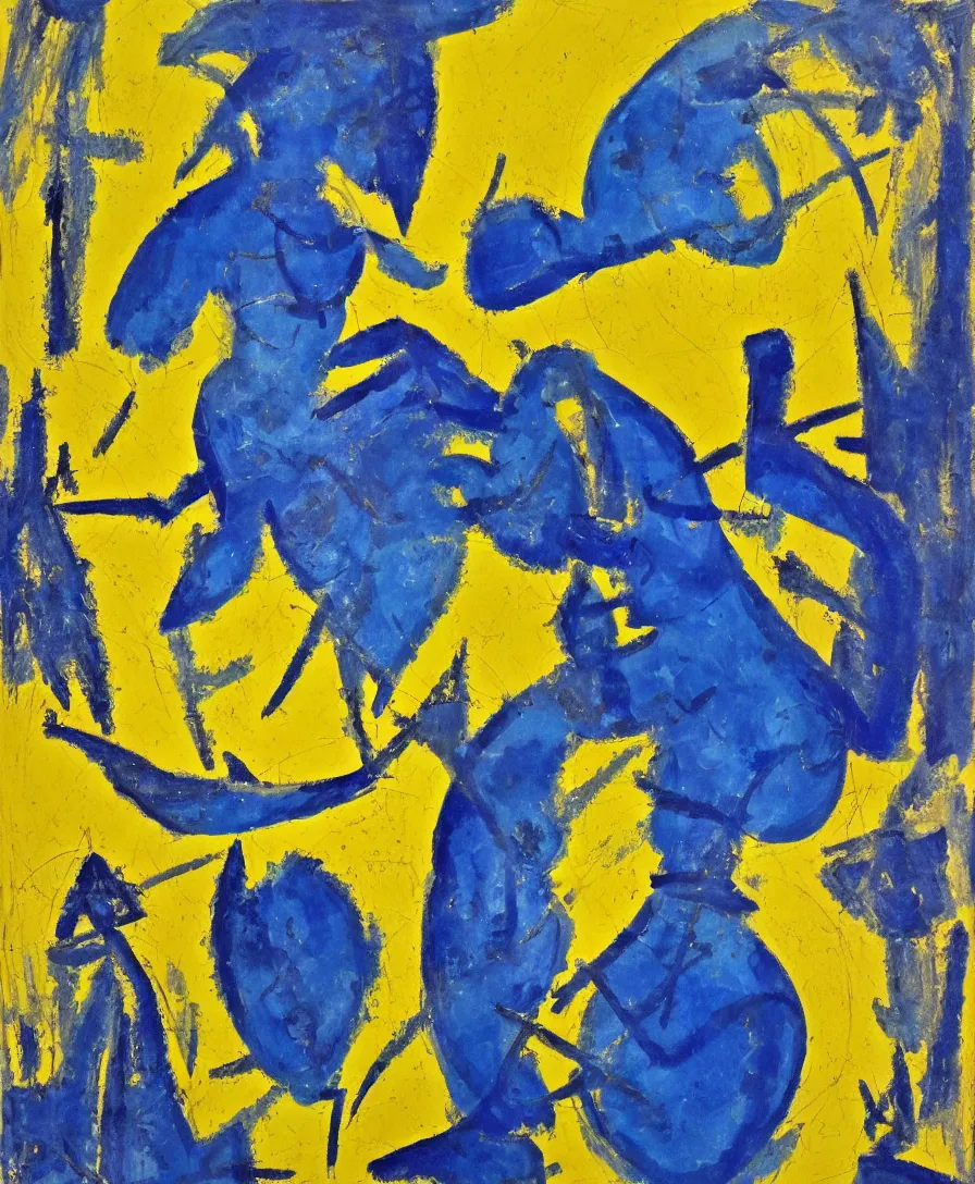 Image similar to blue and yellow warrior defeats satan, expressive abstractionism, many small saturated hard relief strokes of oil on canvas with high detail
