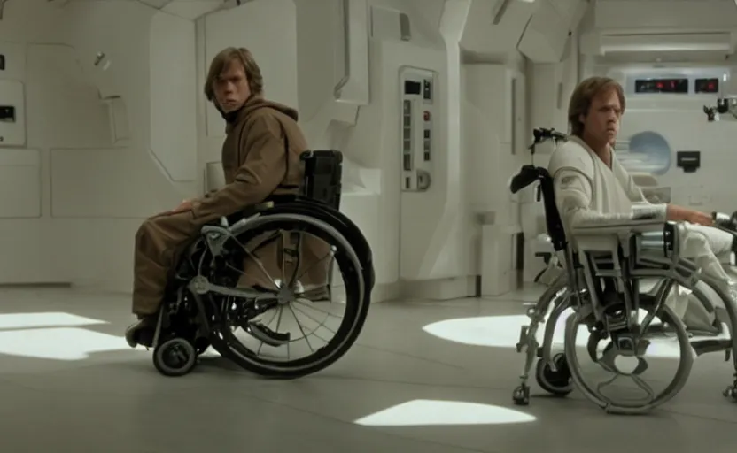 Image similar to cinematic still image screenshot luke skywalker in cybernetic wheel chair, from the tv show on disney + anamorphic lens, 3 5 mm film kodak from empire strikes back 1 9 8 3