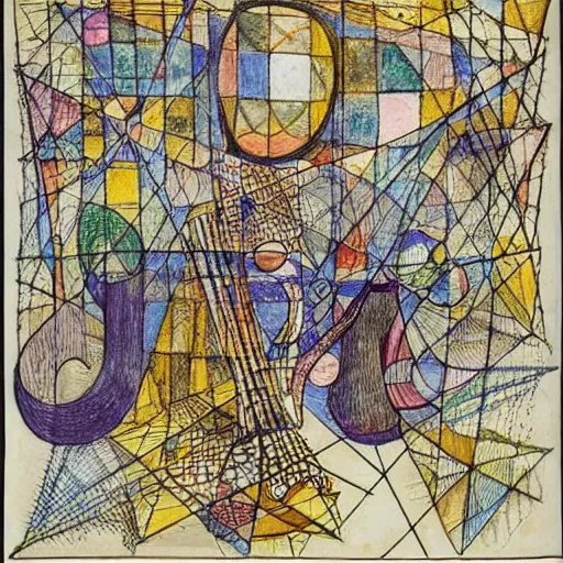 Prompt: musical score that holds a secret message, inspired by klee, bosch, durer. hyperdetailed color pen and ink intricate elaborate, collection of museum of modern art, new york