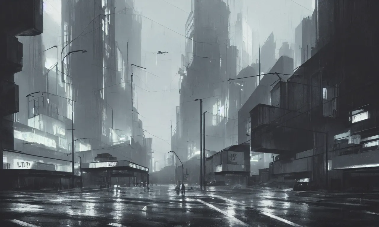 Image similar to high resolution photograph, streetscape, simple brutalist architecture, metal, concrete, wet streets, white neon lights, neon signs, flying cars, pedestrians, greg rutkowski, syd mead, ralph mcquarrie, concept art, matte painting, finely detailed, minimal artifacts, rule of thirds, dynamic lighting, cinematic, denoised, centered, artstation