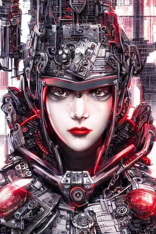 Prompt: Poster portrait of a cyberpunk sci-fi cyborg, third person, D&D, sci-fi fantasy, pistons and bolts, intricate, black and red, highly detailed, art by Range Murata, highly detailed, 3d, octane render, bright colors, digital painting, trending on artstation, sharp focus, illustration style of Stanley Artgerm, background in a cinematic style