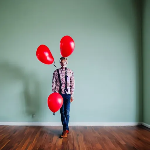 Image similar to man with a cactus head in a room full with red balloons