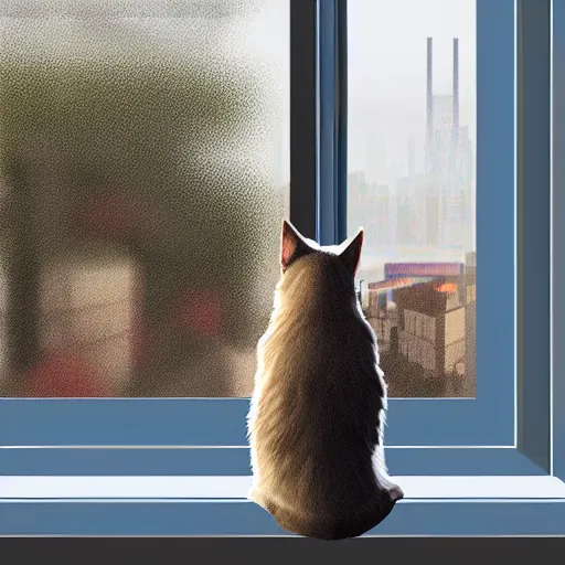 Prompt: low poly cat staring out of a window with a highly detailed cityscape outside the window
