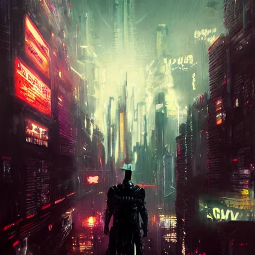 Image similar to cyberpunk batman, futuristic, brush strokes, oil painting, city background, greg rutkowski