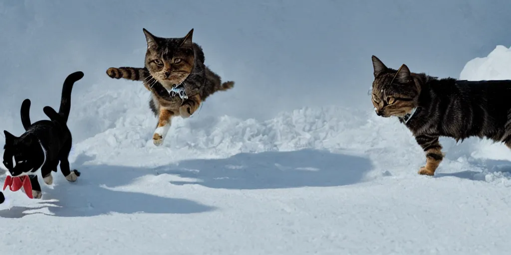 Image similar to a dog is chasing a cat in the top of a snow mountain