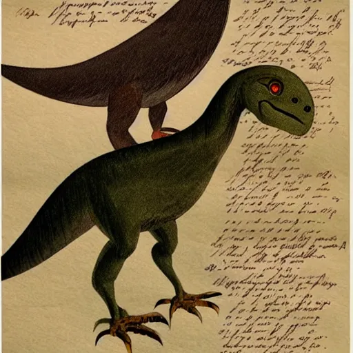 Image similar to professional vintage colored sketch of a feathered dinosaur with full descriptions, on parchment, 8K, HD, highly detailed, high quality