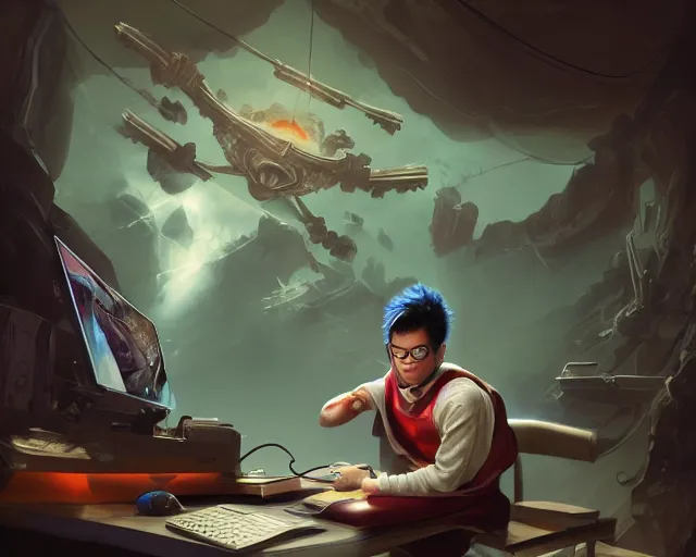 Prompt: an insanely detailed painting of a nerdy asian man wearing a superhero costume, sitting at a desk, staring at the nervously at the computer and typing, in the style of peter mohrbacher, dramatic lighting and composition, surreal background, octane render, pixar, trending on artstation, concept art, comic book, view from behind