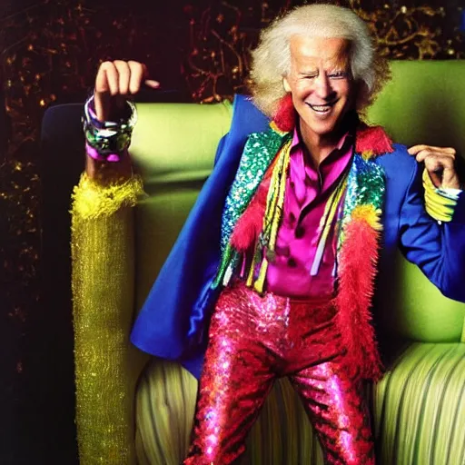 Image similar to uhd candid photo of joe biden as disco stu, wearing disco suit, intricate disco costume. photo by annie leibowitz