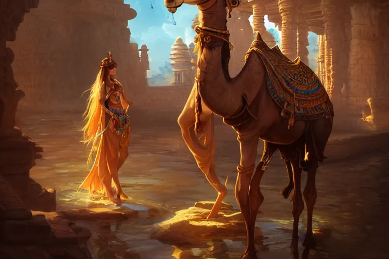 Image similar to camel temple, dark water, gemstones and treasures, deep focus, d & d, fantasy, intricate, elegant, highly detailed, digital painting, artstation, concept art, matte, sharp focus, illustration, hearthstone, art by artgerm and greg rutkowski and alphonse mucha