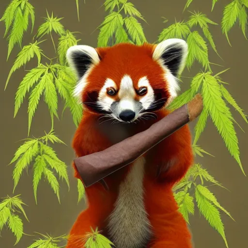 Image similar to anthropomorphic red panda, holding a bag of catnip, smoking a cigar, in front of hemp plants, happy dopey expression, squinting, beautiful lighting, high quality digital art, trending on artstation