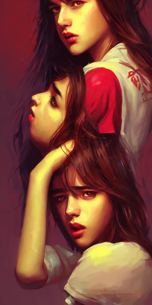 Image similar to colorful and festive captivating teenager with straight brown hair covering his eye, dark skin, big lips, big eyes, wearing a red t - shirt. rich vivid colors, ambient lighting, dynamic lighting, 4 k, atmospheric lighting, painted, intricate, highly detailed by charlie bowater