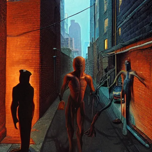 Prompt: a man is followed through the lower east side by strange figures he can only half - see. high quality high detail painting by david mattingly and ralph mcquarrie and richard corben, hd, realistic matte painting, photorealistic lighting, modern supernatural urban horror