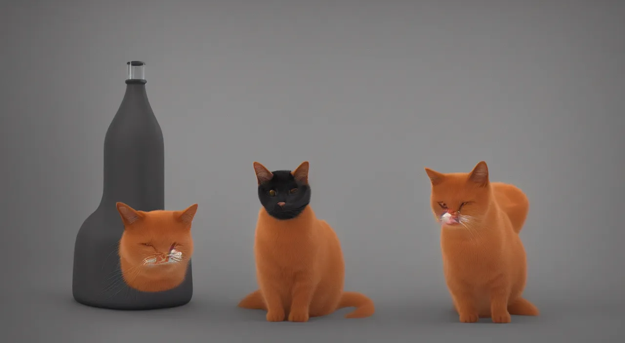 Prompt: a cat standing next to a bottle of medicine, the cat is smiling, the cat is orange, the cat is fluffy, digital art, octane render,