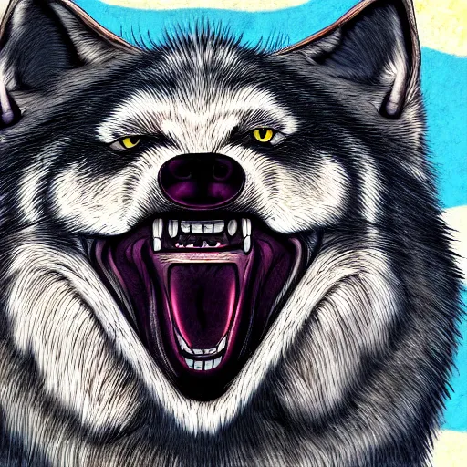 Image similar to ugly portrait of retarded wolf, eyes in different directions, rabies, big teeth, propaganda style, vivid colors