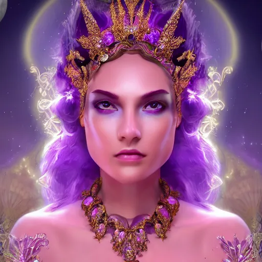 Prompt: ! dream portrait princess of amethyst, glowing, ornate and intricate purple jewelry, jaw dropping beauty, glowing background lighting, purple accent lighting, hyper detailed, fairy tale, 4 k octane render