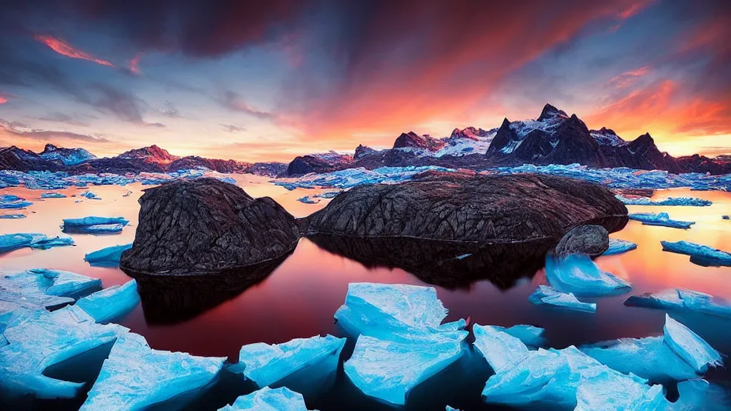 Image similar to amazing landscape photo of greenland in sunset by marc adamus, beautiful dramatic lighting