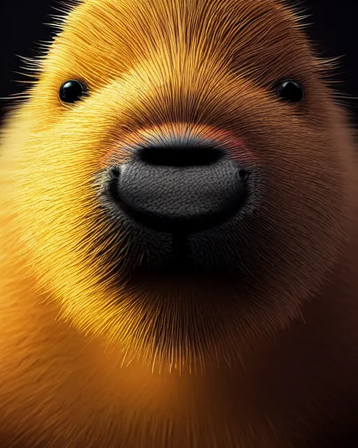 Prompt: portrait of funny giant cute eyes capybara, intricate abstract. intricate artwork, by tooth wu, wlop, beeple, dan mumford. concept art, psychedelic lighting, octane render, trending on artstation, greg rutkowski very coherent symmetrical artwork. cinematic, key art, hyper realism, high detail, octane render, 8 k, iridescent accents