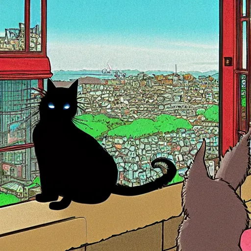 Prompt: a black cat lady looking out over a city, Miyazaki, studio ghibli