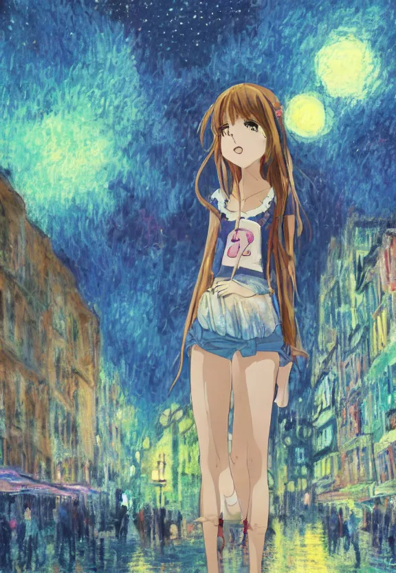 Image similar to wide angle anime portrait of a teenage girl, a thrifty outfit, very anime in impressionist style, city street view background, starlit night sky, trending artwork, anime painter studio, by claude monet