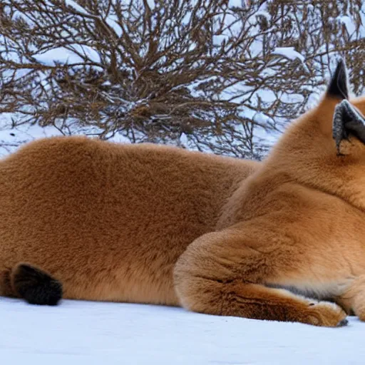 Image similar to fullbody photo still of sleepy fat chubby caracal, lying sleeping on snowy ice, big stomach, fullbody, sunny winter day