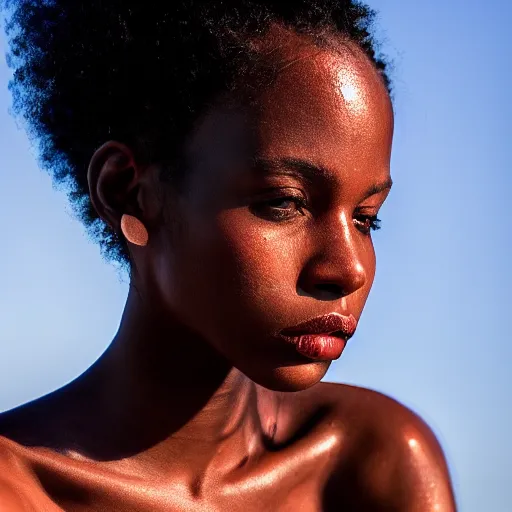Image similar to portrait face of a beautiful gorgeous black edgy model girl with short hair, bikini, big leaps, blue eyes, she's sad, sunset, street of africa, 8 0 mm lens, 1. 2 aperture, grainy image, close up, cinematic light, 8 k, 4 k, very detailed, depressing atmosphere, cover magazine
