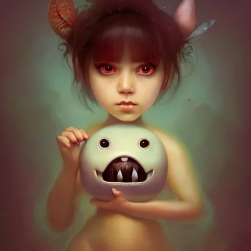 Image similar to funny cute little monster by tom bagshaw, artgerm, jeremiah ketner, beeple and charlie bowater, soft lighting, solid background,