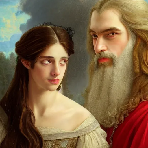 Image similar to an ultra detailed portrait of a handsome wizard with a goatee named james and a beautiful noblewoman with long brown hair named rachel, 8 k, baroque and luminist style, artstation, pixiv, by jacque - louis david